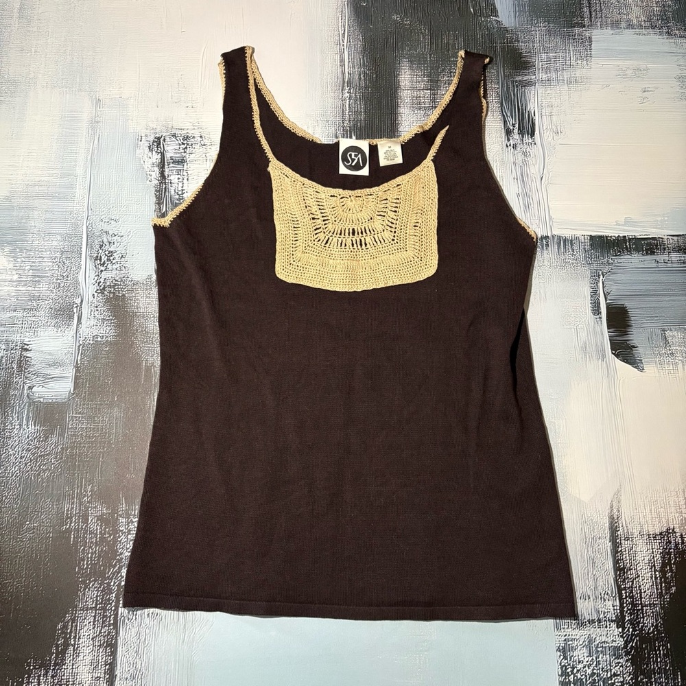 Vintage SFA Silk Blend Brown Tank Top with beige Crochet Detail Boho Knit M